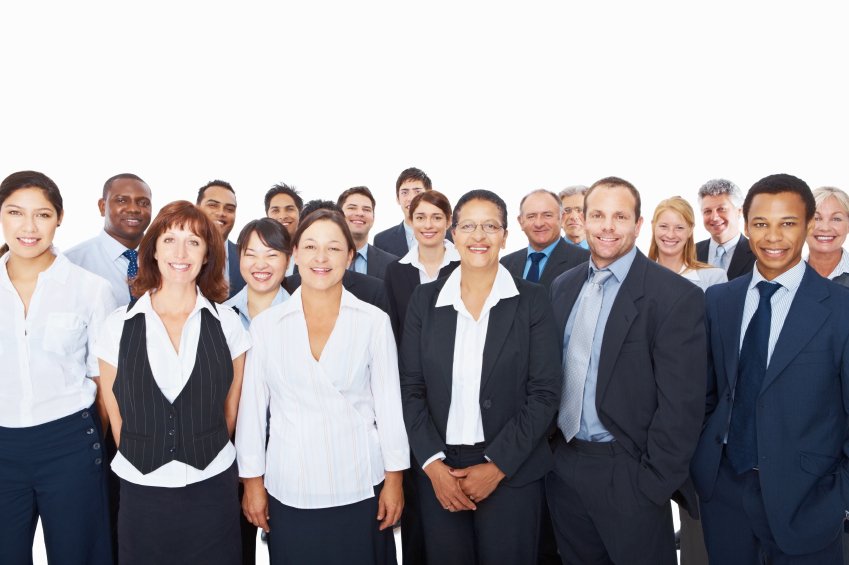 Group of smiling business people smiling over white background